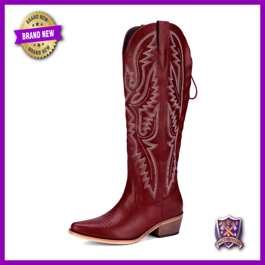 Lace Up Cowboy Boots Wide Calf Chunky Heel Pointed Toe Western Shoes